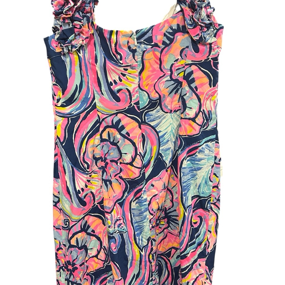 Lilly Pulitzer Colorful Patterned dress, ruffled shoulder strap, Zipper back
